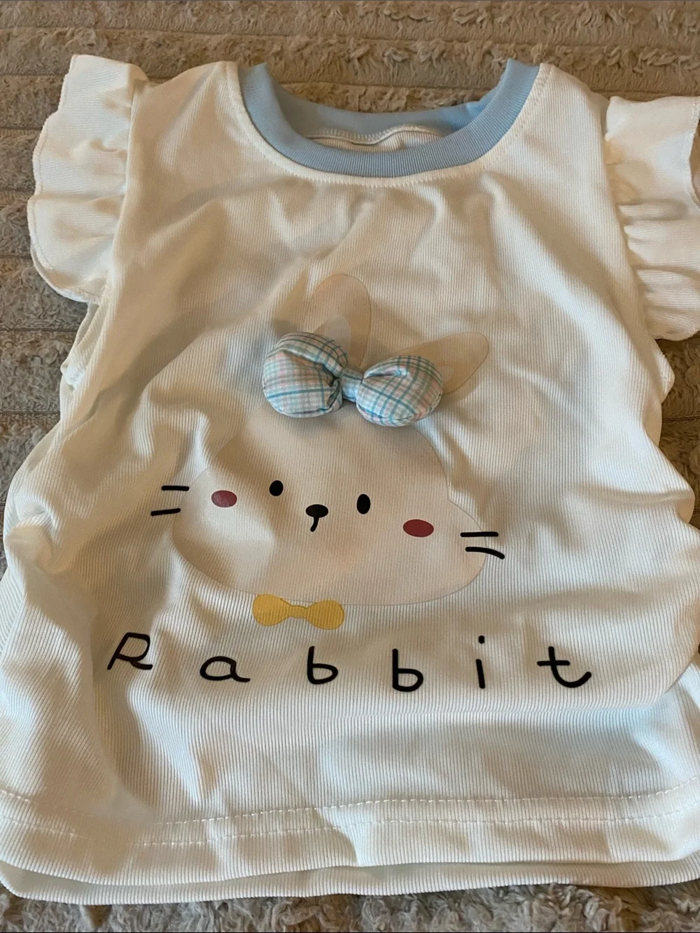 NWOT, Kids Blue Ruffle Skirt & Cream Bunny Top Set